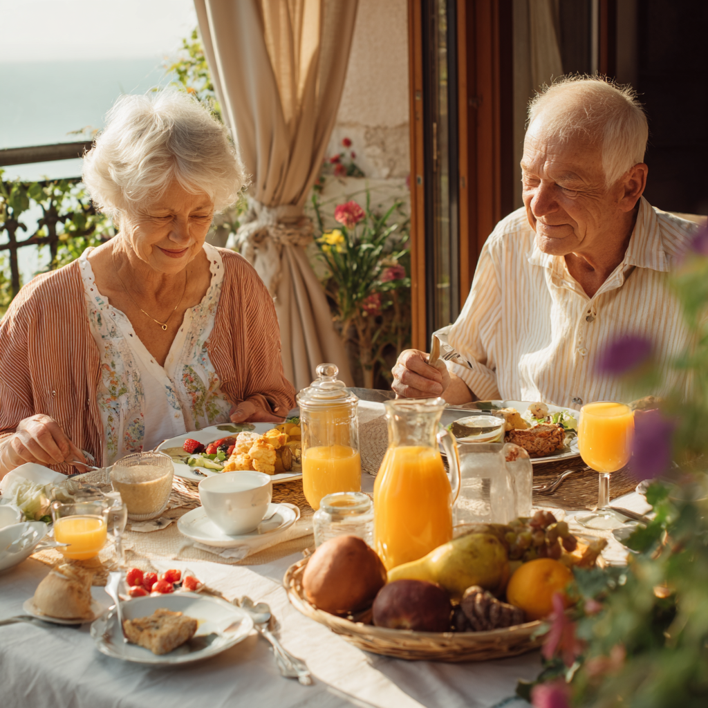Smiling elderly European woman holding a colorful plate of nutritious vegetables and fruits, representing healthy nutrition planning