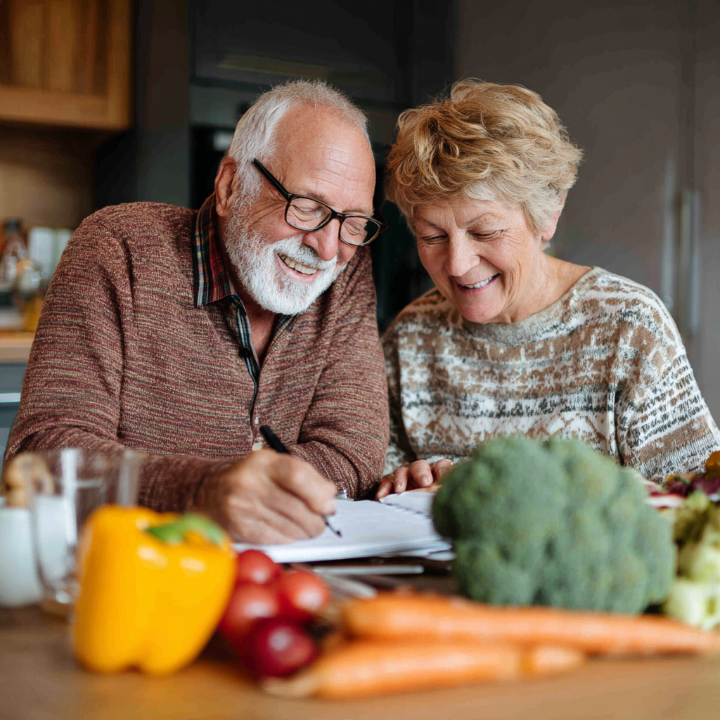 Happy elderly European couple preparing a healthy meal together in a bright kitchen, showing the positive mood impact of good nutrition