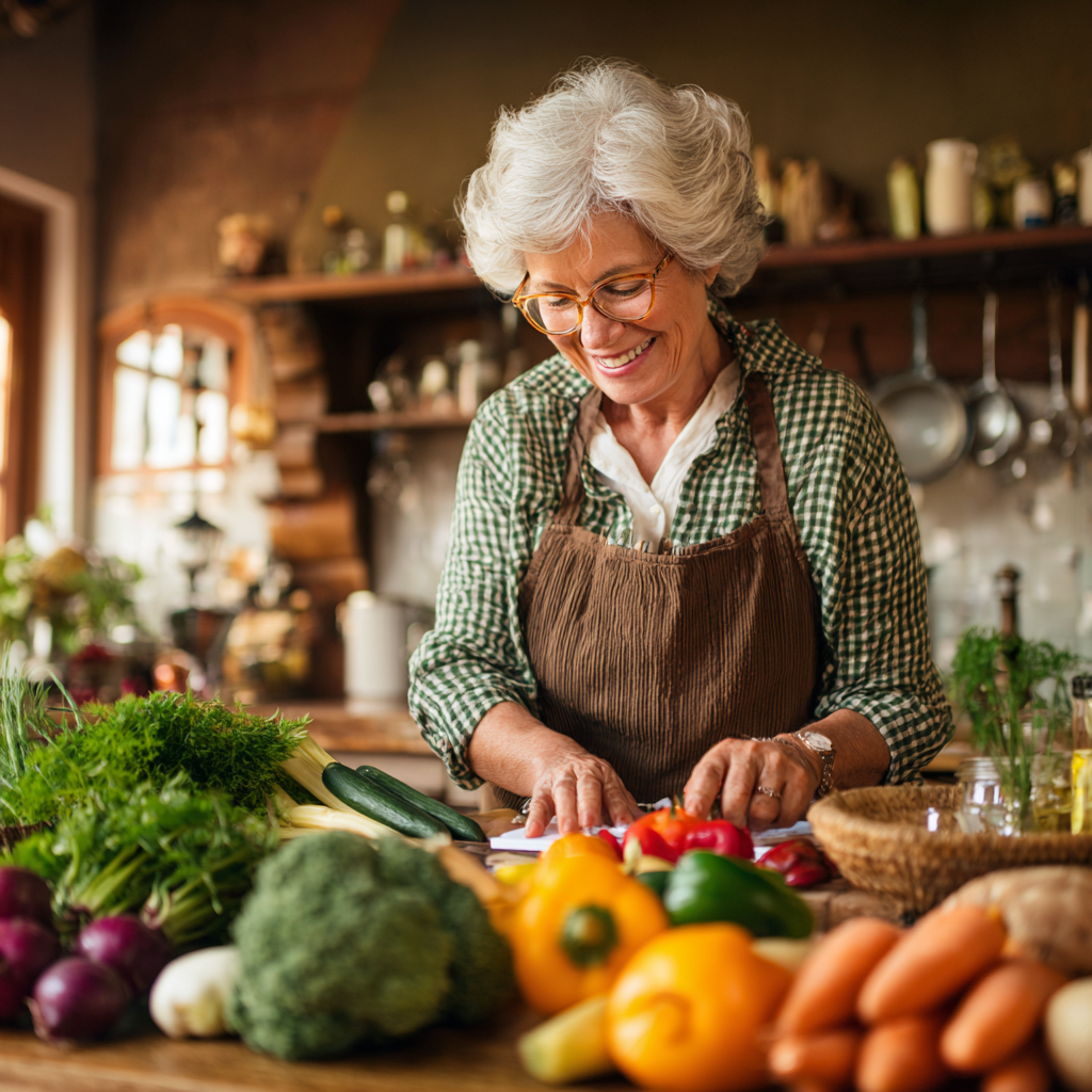 Elderly European nutritionist with a warm smile consulting with a client, showing personalized meal planning charts and healthy food options